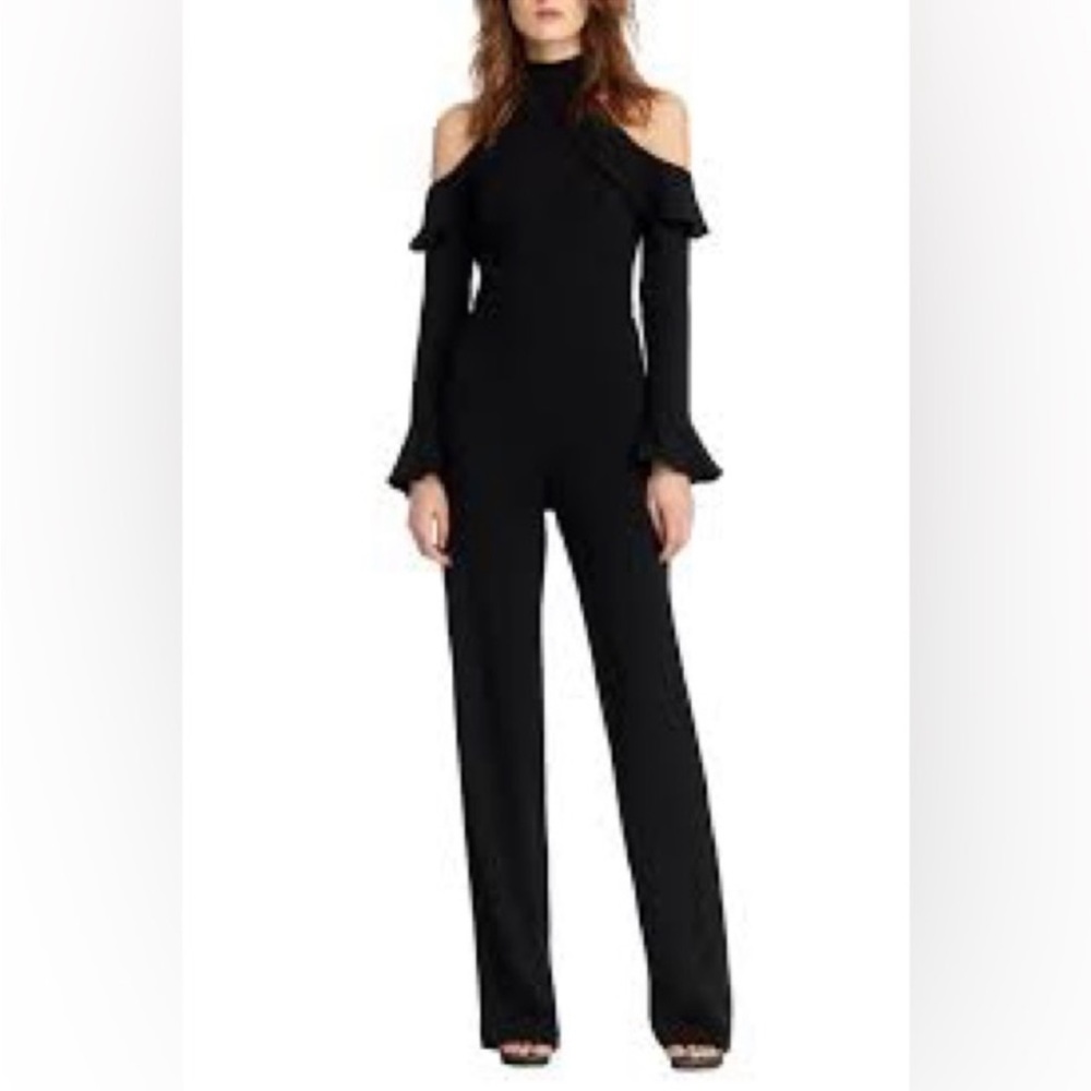 NWT ML Monique Lhuillier 12 Ruffle Bell Sleeve Crepe Cold Shoulder Jumpsuit